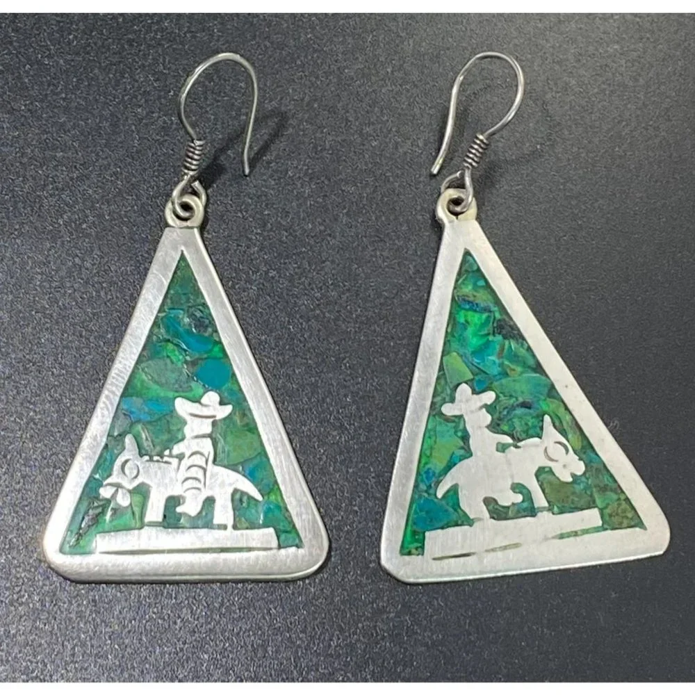 Taxco Mexico 925 Earrings Turquoise Inlay Man Riding Donkey Artist JGC - Picture 4 of 7